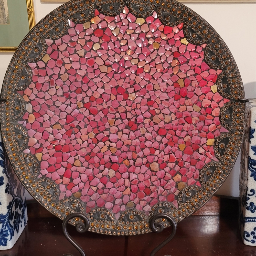 Vintage Pier One Imports Red Mosaic Glass Display Platter 15"
